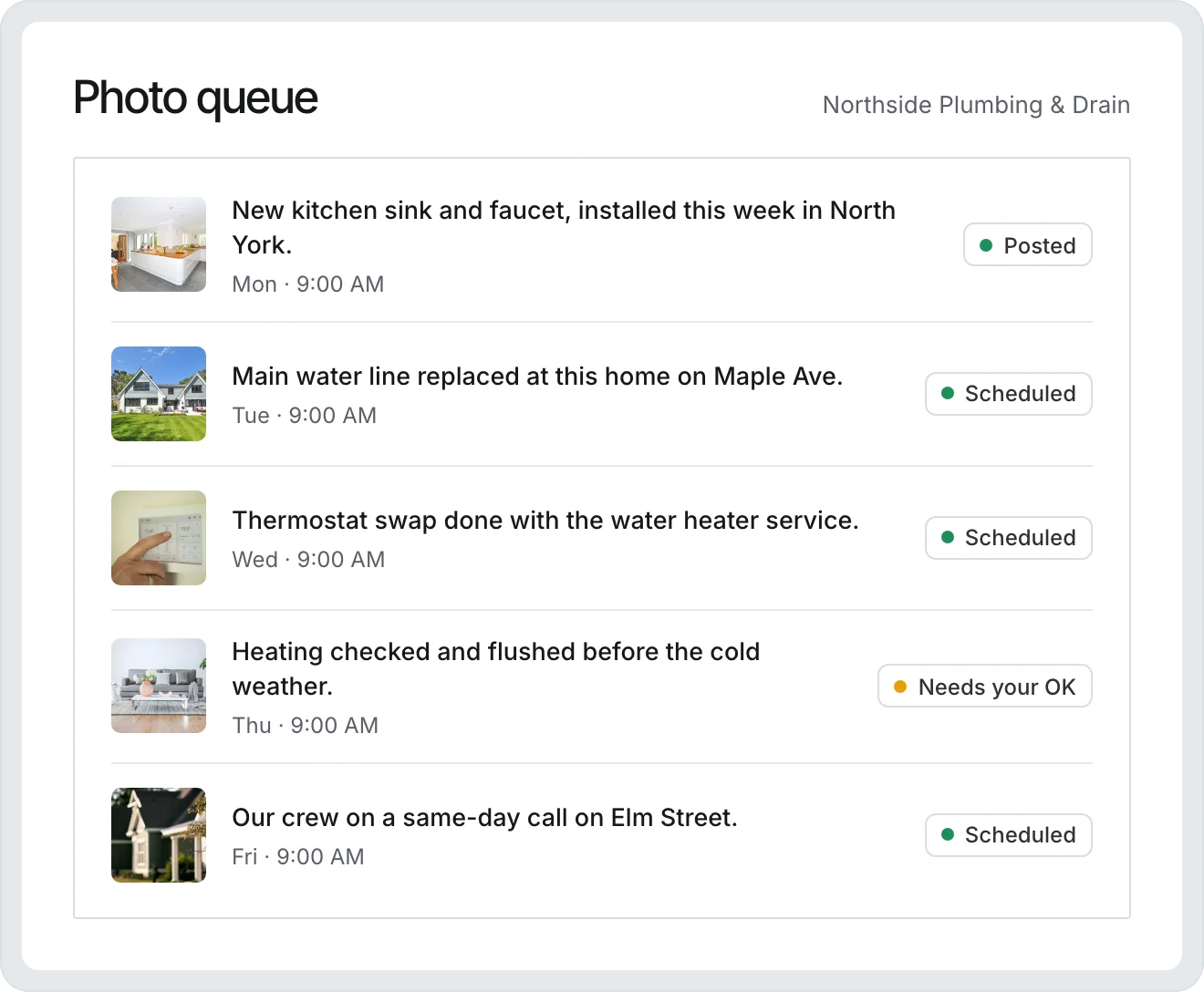 GMB Helper photo queue: five job photos with captions and posting days, one posted, three scheduled, and one waiting for approval