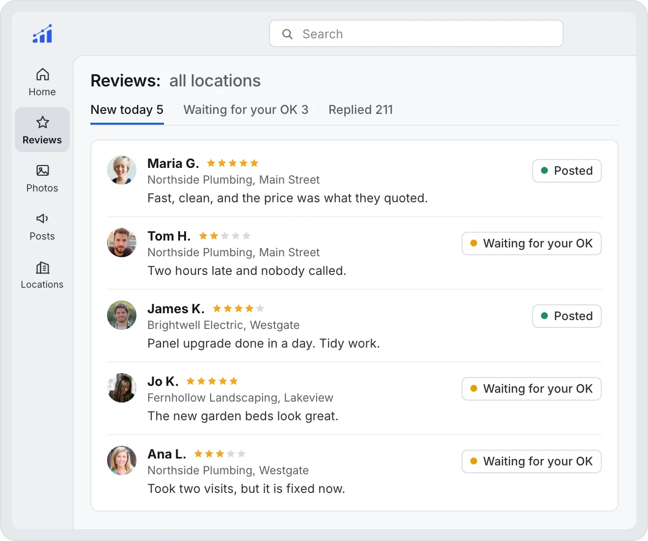 GMB Helper reviews from every location in one list: replies posted on their own, and low ratings waiting for approval