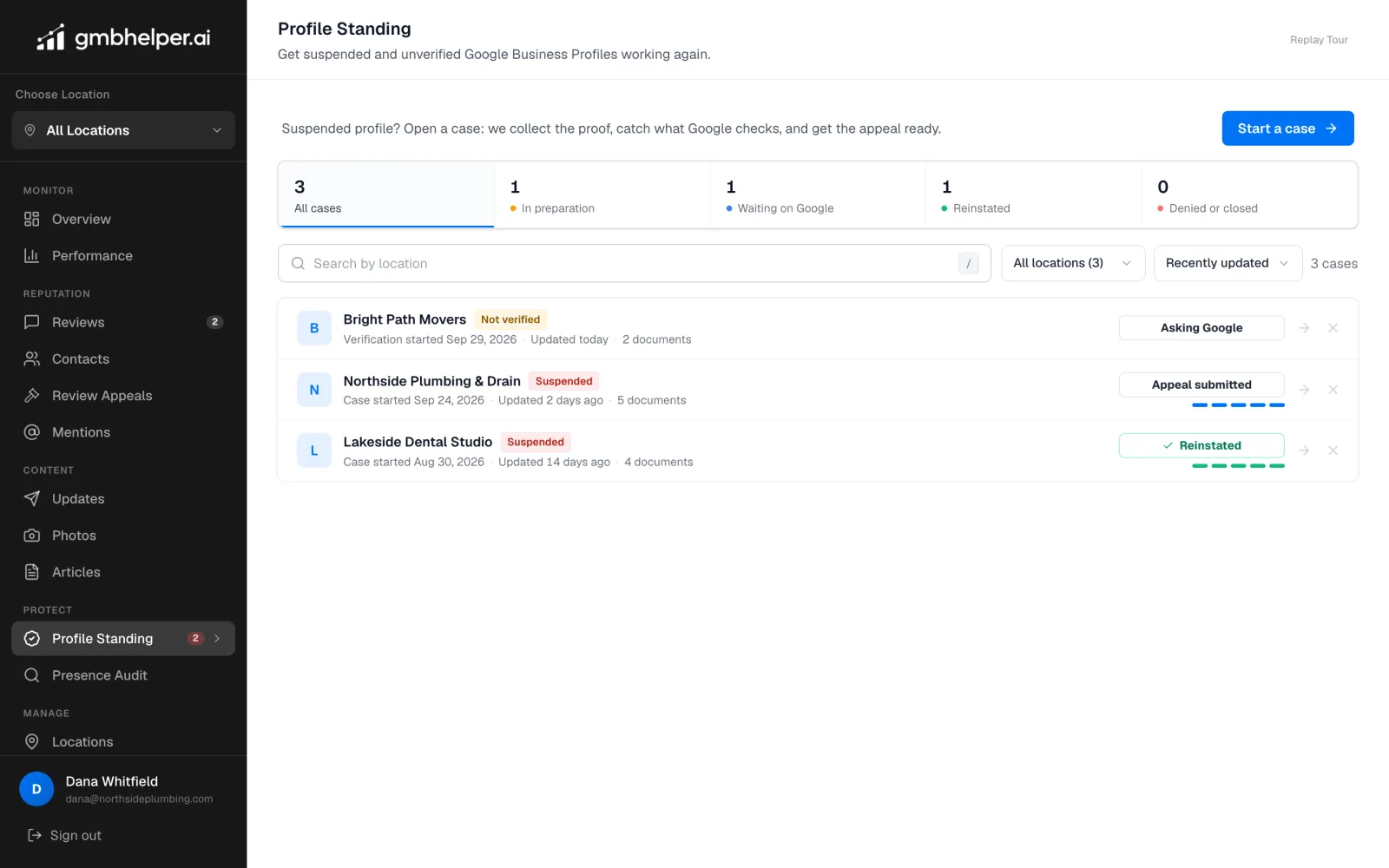 GMB Helper Profile Standing screen listing a suspended profile with its appeal submitted, an unverified profile asking Google for a method, and a reinstated profile