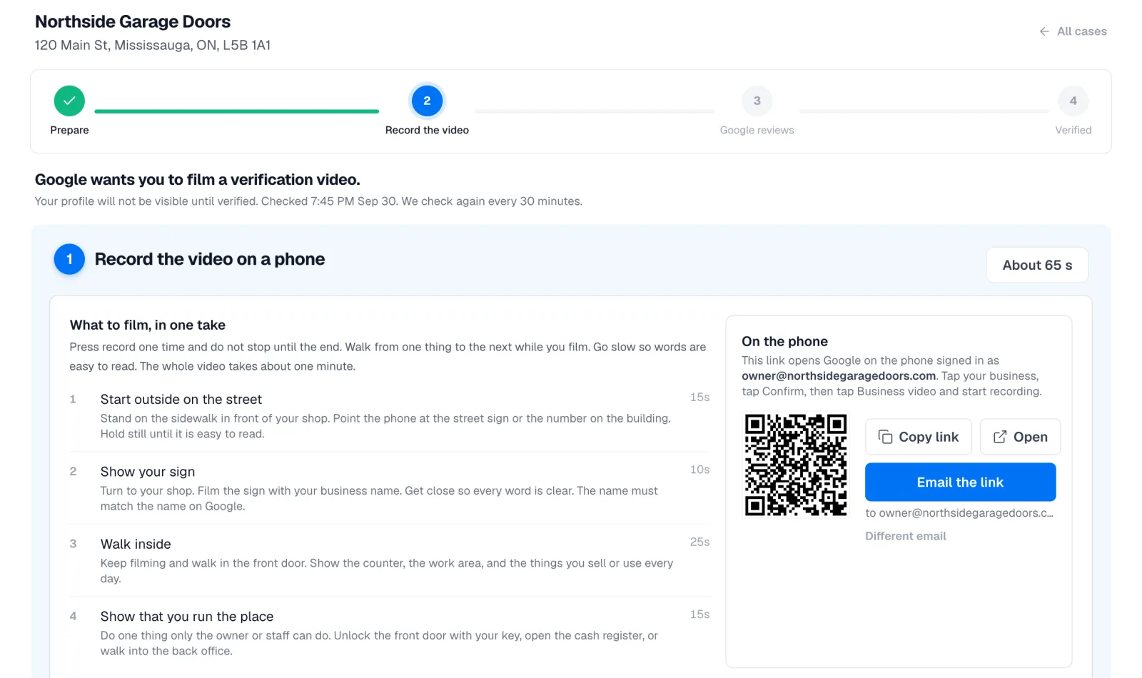 GMB Helper verification case at the Record the video step, with the timed shot list and the QR code that opens Google on the phone